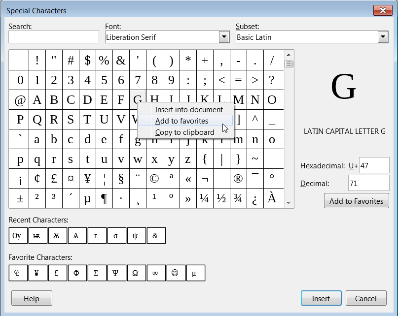 Special Symbol dialog in LibreOffice 6